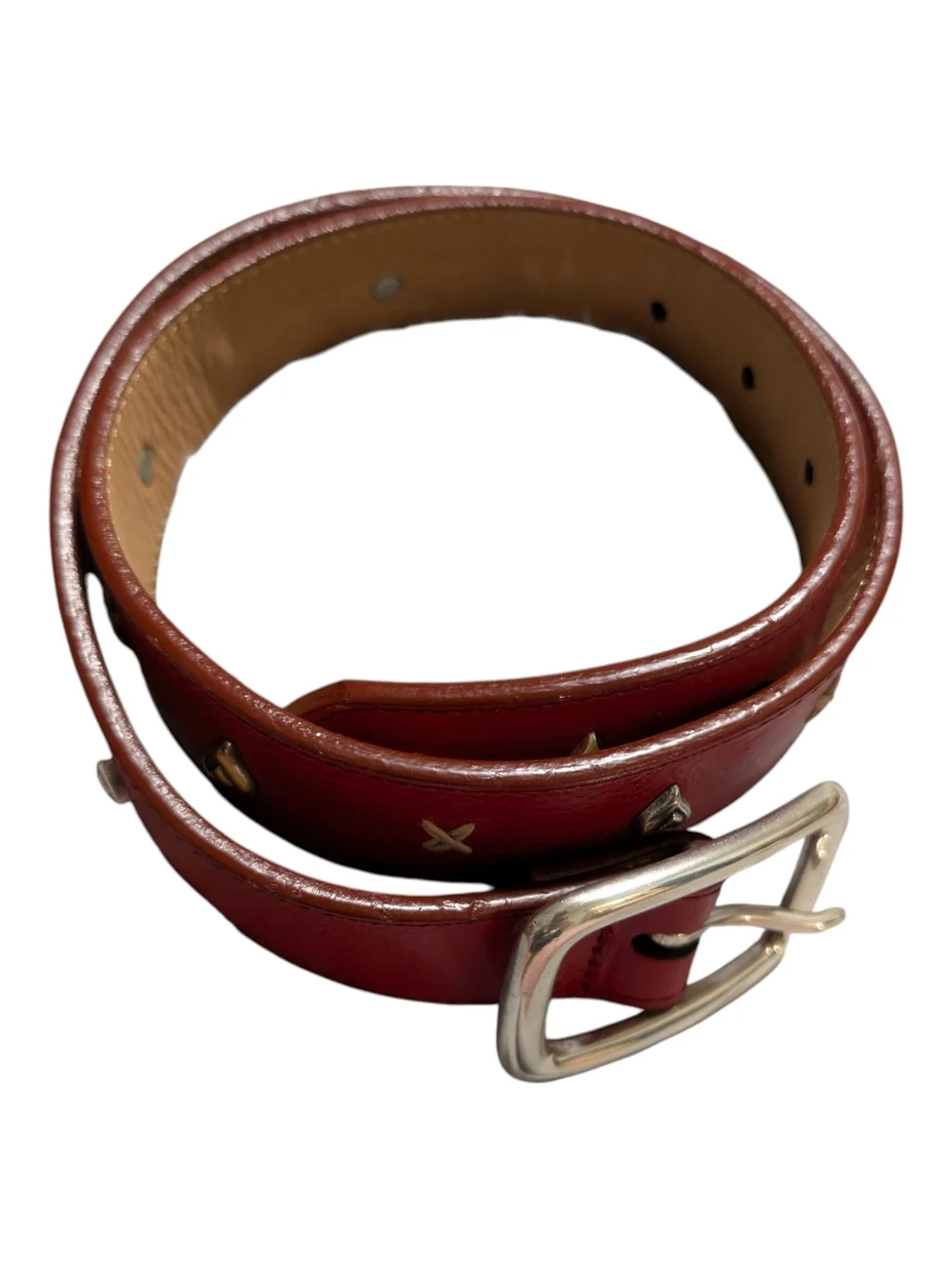 Brighton Vintage Red Leather Silver Heart Studded Western Belt